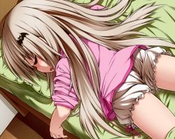 Rule 34 | 1girl, bat hair ornament, bed, blonde hair, bloomers, blush, closed eyes, fang, hair ornament, little busters!, long hair, lying, noumi kudryavka, on stomach, open mouth, rutsubo, sleeping, solo, underwear