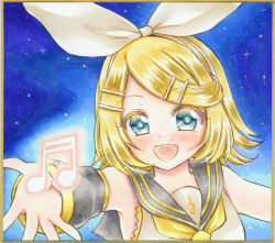 Rule 34 | 1girl, bare shoulders, blonde hair, blush, bow, commentary request, detached sleeves, eighth note, graphite (medium), green eyes, hair bow, hair ornament, hairclip, highres, kagamine rin, looking at viewer, marker (medium), medium hair, musical note, neckerchief, nekofish666, open hand, open mouth, outstretched arms, portrait, sailor collar, shirt, sleeveless, sleeveless shirt, solo, swept bangs, traditional media, treble clef, vocaloid, white bow, white shirt, yellow neckerchief