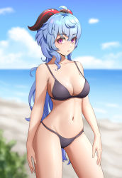 Rule 34 | 1girl, :o, absurdres, ahoge, arms at sides, beach, bikini, black bikini, blue hair, blue sky, blurry, blurry background, breasts, cleavage, cloud, collarbone, commentary request, cowboy shot, day, ganyu (genshin impact), genshin impact, goat horns, highres, horns, hun shui, long hair, medium breasts, navel, ocean, open mouth, outdoors, purple eyes, sky, solo, stomach, strap gap, swimsuit