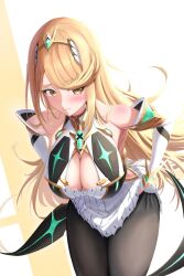 Rule 34 | 1girl, bare shoulders, blonde hair, blush, breasts, chest jewel, cleavage, clothes pull, dress, dressing, elbow gloves, gloves, highres, large breasts, long hair, mythra (massive melee) (xenoblade), mythra (xenoblade), okazu2010015, pantyhose, pantyhose pull, solo, swept bangs, tiara, very long hair, xenoblade chronicles (series), xenoblade chronicles 2, yellow eyes