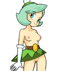 Rule 34 | 1girl, belt, breasts, breasts apart, brown belt, contrapposto, cowboy shot, functionally nude, gloves, green skirt, lowres, miniskirt, nintendo, nipples, no panties, pussy, queen merelda, simple background, skirt, small breasts, smile, solo, standing, topless, wario land, wario land: shake it!, white background, white gloves