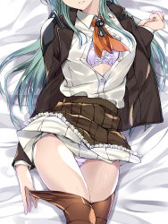 Rule 34 | 1girl, aqua hair, ascot, bad id, bad pixiv id, bed sheet, blazer, bow, bow bra, bra, breasts, brown jacket, brown skirt, brown thighhighs, clothes lift, collared shirt, commentary request, frilled skirt, frills, grin, hand up, head out of frame, highres, jacket, kantai collection, kobayashi chisato, large breasts, long hair, long sleeves, lying, miniskirt, on back, open clothes, open jacket, orange ascot, panties, parted lips, partially unbuttoned, pleated skirt, purple bra, purple panties, school uniform, shirt, shirt tucked in, sidelocks, skirt, skirt lift, smile, solo, suzuya (kancolle), teeth, thighhighs, thighs, undershirt, underwear, white shirt, wing collar