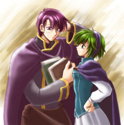 Rule 34 | 1boy, 1girl, angry, blue eyes, book, canas, cape, fire emblem, fire emblem: the blazing blade, green hair, hairband, lowres, monocle, monocle chain, nino (fire emblem), nintendo, short hair, uncle and niece