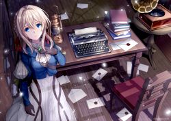 Rule 34 | 1girl, blonde hair, blue eyes, blue jacket, book, book stack, bookshelf, braid, brooch, brown gloves, chair, closed mouth, commentary request, desk, dress, envelope, from above, gloves, hair between eyes, hair intakes, hair ribbon, hand on own chest, highres, indoors, jacket, jewelry, lamp, letter, mimuro430, paper, phonograph, red ribbon, ribbon, skirt, table, typewriter, violet evergarden, violet evergarden (series), white dress, white neckwear, white skirt, wooden floor