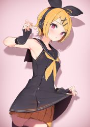 Rule 34 | 1girl, absurdres, black dress, black gloves, black sailor collar, black thighhighs, blonde hair, blush, breasts, clothes lift, commentary, commentary typo, dress, dress lift, fingerless gloves, gloves, hair ornament, hairclip, headphones, highres, kagamine rin, looking at viewer, neckerchief, parted lips, pink background, pleated skirt, pomesaurus, red eyes, sailor collar, sailor dress, shadow, simple background, skindentation, skirt, skirt under dress, sleeveless, small breasts, solo, thighhighs, vocaloid, sour model (mikumikudance), yellow skirt