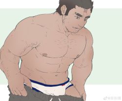 Rule 34 | 1boy, abs, bara, briefs, bulge, chest hair, chinese commentary, clothes pull, cross scar, dark-skinned male, dark skin, edging underwear, facial hair, highres, houzouin oniwaka, large pectorals, leaning forward, long sideburns, male focus, male underwear, mature male, me-me (mouact2), muscular, muscular male, navel, nipples, pants, pants pull, pectorals, scar, scar on face, scar on forehead, short hair, sideburns, solo, stomach, stubble, thick eyebrows, tokyo houkago summoners, topless male, track pants, underwear, undressing, veins, white male underwear
