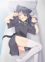 Rule 34 | 1girl, aged down, animal ear fluff, animal ears, black dress, black hair, blue archive, bow, china dress, chinese clothes, couch, dress, drooling, foot out of frame, green eyes, hair bow, hair ribbon, half-closed eye, halo, highres, indoors, kidou senshi nama ino, light blush, long hair, looking at viewer, mouth drool, one eye closed, ribbon, rubbing eyes, saliva, sash, short sleeves, shun (blue archive), shun (small) (blue archive), solo, sunlight, thighhighs, tiger ears, waking up, white thighhighs