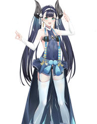 Rule 34 | 1girl, absurdres, antenna hair, azur lane, black hair, blue hair, blunt bangs, breasts, center opening, detached sleeves, double bun, earrings, frilled skirt, frills, green eyes, hair bun, hair ornament, hand up, headband, highres, horns, japanese clothes, jewelry, katsuragi (azur lane), kuyoumi, long hair, long sleeves, miniskirt, multicolored hair, open mouth, see-through, see-through legwear, simple background, skirt, small breasts, solo, standing, streaked hair, teeth, thighhighs, tutu, twintails, two-tone hair, upper teeth only, white background, white headband, white sleeves