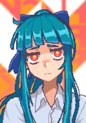 Rule 34 | 1girl, aqua hair, blue bow, bow, closed mouth, collared shirt, commentary, english commentary, hair bow, hcnone, highres, long hair, looking at viewer, office lady, orange pupils, original, penny (hcnone), pixel art, ponytail, portrait, red eyes, shirt, sidelocks, solo, white shirt