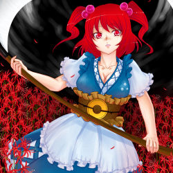 Rule 34 | 1girl, belt, breasts, cleavage, dorogumi, dress, female focus, flower, large breasts, nature, onozuka komachi, outdoors, plant, red eyes, red hair, scythe, short hair, sky, solo, spider lily, touhou