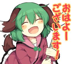 Rule 34 | 1girl, :d, ^ ^, animal ears, bamboo broom, blush, broom, closed eyes, collarbone, commentary request, dress, facing viewer, fang, green hair, hair between eyes, highres, holding, holding broom, kasodani kyouko, lolimate, long sleeves, open mouth, petticoat, pink dress, short hair, simple background, skin fang, smile, solo, tail, touhou, translated, transparent background, upper body, white background