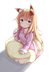 Rule 34 | 1girl, animal ear fluff, animal ears, bare legs, barefoot, blonde hair, blouse, blush, brown eyes, crying, crying with eyes open, feet, fox ears, fox girl, fox tail, from above, holding own tail, long hair, looking at viewer, looking up, no pants, original, pink shirt, seiza, shirt, shokupan (slvk12), simple background, sitting, soles, solo, tail, tears, toes, white background