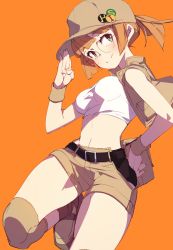 Rule 34 | 1girl, belt, black belt, blonde hair, breasts, cropped jacket, fio germi, glasses, groin, hand on own hip, hat, highres, knee brace, looking at viewer, metal slug, midriff, navel, orange background, salute, seuhyo99, shirt, short hair, short ponytail, short shorts, shorts, small breasts, smile, solo, sweatband, thighs, white shirt, wristband