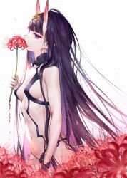 Rule 34 | 1girl, alternate hair length, alternate hairstyle, bare arms, bare shoulders, breasts, covered mouth, cowboy shot, eyeliner, fate/grand order, fate (series), flower, forehead jewel, hair ornament, halterneck, headpiece, highres, holding, holding flower, horns, kaguyuzu, long hair, looking at viewer, makeup, navel, oni, pointy ears, profile, purple eyes, purple hair, red eyeliner, red flower, revealing clothes, revision, shuten douji (fate), sideboob, sideways glance, signature, simple background, skin-covered horns, small breasts, smelling flower, solo, spider lily, stomach, very long hair, white background