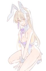 Rule 34 | alternate hairstyle, animal ears, archer (fate/samurai remnant), bare arms, bare legs, bare pectorals, closed mouth, commentary request, detached collar, fake animal ears, fake tail, fate/samurai remnant, fate (series), full body, hair down, hair ornament, high heels, highleg, highleg leotard, kiwi (mmm789520), leotard, light brown hair, long hair, looking at viewer, male focus, male playboy bunny, multicolored hair, neck ribbon, nipples, pectorals, purple leotard, purple ribbon, rabbit ears, rabbit tail, ribbon, simple background, sitting, solo, straight hair, strapless, strapless leotard, streaked hair, tail, tassel, tassel hair ornament, trap, two-tone hair, v arms, wariza, white background, white footwear, wrist cuffs, yellow eyes