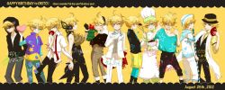 Rule 34 | 6+boys, \m/, blonde hair, blue eyes, blush, character sheet, dated, holding hands, hat, heart, highres, hood, hoodie, kagamine len, looking at viewer, male focus, multiple boys, multiple persona, open mouth, sakanashi, smile, vocaloid