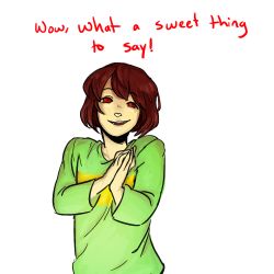Rule 34 | androgynous, brown hair, chara (undertale), commentary, english text, gender request, looking at viewer, open mouth, own hands together, oxi (oxidization), red eyes, shirt, smile, solo, spoilers, striped clothes, striped shirt, transparent background, undertale