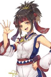 Rule 34 | 1girl, black hair, brown eyes, detached sleeves, facial mark, hair ornament, headband, highres, himiko (musou orochi), japanese clothes, jewelry, looking at viewer, makeup, murata tefu, musou orochi, necklace, open mouth, ponytail, short hair, simple background, smile, solo, spiked hair, white background