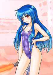 Rule 34 | 1girl, blue hair, breasts, clothes writing, commentary request, competition swimsuit, contrapposto, covered navel, cowboy shot, hand on own hip, highleg, highleg swimsuit, hinanawi tenshi, holding, holding weapon, long hair, looking at viewer, mail (mail gell), one-piece swimsuit, purple one-piece swimsuit, red eyes, small breasts, solo, standing, swimsuit, sword, sword of hisou, touhou, weapon