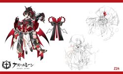 Rule 34 | 1girl, azur lane, back bow, bare shoulders, bat wings, black bow, black hair, bow, butterfly hair ornament, character name, claw (weapon), cross, cross earrings, earrings, full body, hair ornament, iron cross, jewelry, long hair, mechanical arms, multicolored hair, off shoulder, official alternate costume, official art, red eyes, red skirt, see-through, single mechanical arm, sketch, skirt, solo, streaked hair, two-tone hair, very long hair, vilor, weapon, wide sleeves, wings, z24 (azur lane), z24 (festival-going fiend) (azur lane)