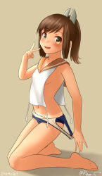 Rule 34 | 1girl, barefoot, blue one-piece swimsuit, breasts, brown background, brown eyes, brown hair, clothes pull, full body, groin, i-401 (kancolle), kantai collection, kneeling, medium hair, navel, old school swimsuit, one-hour drawing challenge, one-piece swimsuit, one-piece swimsuit pull, orange sailor collar, ponytail, ray.s, sailor collar, school swimsuit, short ponytail, side-tie shirt, simple background, small breasts, solo, swimsuit, tan, tanline, v