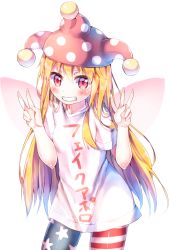 Rule 34 | 1girl, american flag legwear, bad id, bad pixiv id, blonde hair, clothes writing, clownpiece, cowboy shot, double v, fairy wings, grin, hat, highres, jester cap, long hair, looking at viewer, pantyhose, polka dot, re-ka, red eyes, shirt, simple background, smile, solo, star (symbol), star print, striped, touhou, v, white background, white shirt, wings