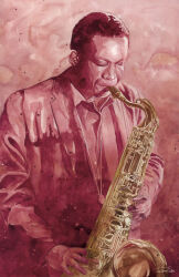 Rule 34 | 1boy, artworksmil, instrument, jewelry, music, necklace, original, painting (medium), playing, playing instrument, portrait, saxophone, signature, solo, traditional media, watercolor (medium)