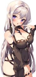 Rule 34 | 1girl, absurdres, black dress, blush, breasts, commission, dress, highres, jun (aousa0328), large breasts, long hair, looking at viewer, open mouth, original, purple eyes, simple background, skeb commission, solo, standing, thigh strap, white background, white hair