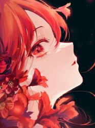 Rule 34 | 1girl, 58 (opal 00 58), absurdres, bad link, black background, commentary, english commentary, eye focus, eyelashes, flower, from side, head back, head tilt, highres, looking at viewer, open mouth, original, portrait, red eyes, red flower, red hair, simple background, solo