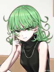 Rule 34 | 1girl, alternate costume, black shirt, breasts, casual, curly hair, earrings, green eyes, green hair, grin, hand on own face, highres, indoors, jewelry, jun (navigavi), looking at viewer, necklace, one-punch man, shirt, short hair, sleeveless, sleeveless shirt, small breasts, smile, solo, tatsumaki, teeth, turtleneck, upper body, weibo logo, weibo watermark