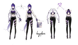 1girl absurdres bare_arms bare_shoulders black_pants crop_top genshin_impact highres leggings long_sleeves looking_at_viewer midriff multiple_views navel pants ponytail purple_eyes purple_hair purple_shirt raiden_shogun shirt shrug_(clothing) sleeveless sleeveless_shirt standing stomach white_shrug xude