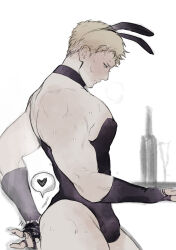 Rule 34 | 1boy, absurdres, animal ears, bara, blonde hair, bulge, cowboy shot, crossdressing, detached collar, facial hair, from side, heart, highres, kf2impossible, large pectorals, leotard, male focus, male playboy bunny, muscular, muscular male, mustache stubble, pectorals, profile, rabbit ears, rabbit tail, reiner braun, shingeki no kyojin, short hair, sideburns stubble, skin tight, solo, spoken heart, stubble, sweat, tail, tail grab, thick thighs, thighs, torogao, uncommon stimulation, very sweaty