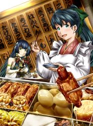 Rule 34 | 10s, 2girls, anchor print, anchor symbol, apron, black hair, blue eyes, bow, bowl, breasts, chopsticks, cleavage, collarbone, commentary request, daikon, detached sleeves, egg (food), food, green eyes, hair bow, hair ornament, hair tubes, hardboiled egg, highres, houshou (kancolle), japanese clothes, jewelry, kantai collection, kappougi, lace, long hair, long sleeves, maid, menu board, mizuho (kancolle), multiple girls, oden, pigs in a blanket, ponytail, radish, ring, smile, text focus, translation request, wa maid, wedding band, yuzu momo