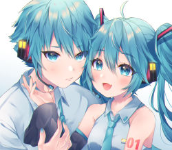 Rule 34 | 1boy, 1girl, aqua eyes, aqua hair, aqua nails, aqua necktie, bare shoulders, black sleeves, blush, closed mouth, collared shirt, detached sleeves, dual persona, expressionless, fang, fingernails, genderswap, genderswap (ftm), grey shirt, hair ornament, halterneck, hatsune miku, hatsune mikuo, headphones, headset, highres, long hair, long sleeves, looking at viewer, nail polish, necktie, neckwear request, open mouth, shirt, simple background, skin fang, smile, sosuke (yrmon), thighhighs, twintails, upper body, vocaloid, white background