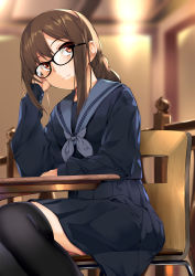 Rule 34 | 1girl, absurdres, akuta hinako, black-framed eyewear, black thighhighs, blouse, blue sailor collar, blue shirt, blue skirt, blurry, blurry background, braid, braided ponytail, breasts, brown hair, chair, closed mouth, commentary request, elbow rest, fate/grand order, fate (series), glasses, hair between eyes, hand in own hair, hand up, head on hand, highres, indoors, long hair, long sleeves, looking at viewer, naha78, on chair, pleated skirt, red eyes, revision, sailor collar, school uniform, serafuku, shirt, sidelocks, single braid, sitting, skirt, solo, stable, thighhighs, twintails, very long hair, wooden chair, zettai ryouiki