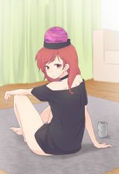 Rule 34 | 1girl, arm up, back, bare shoulders, barefoot, black choker, black headwear, black shirt, can, choker, closed mouth, curtains, drink, drink can, from behind, hand up, hecatia lapislazuli, highres, kanpa (campagne 9), looking at viewer, looking back, medium hair, off-shoulder shirt, off shoulder, purple headwear, red eyes, red hair, rug, shirt, sitting, soda can, solo, t-shirt, touhou, wall