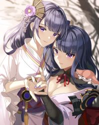 Rule 34 | 2girls, armor, blurry, blurry background, breasts, bridal gauntlets, cleavage, closed mouth, commentary request, duplicate, flower, genshin impact, hair ornament, holding hands, japanese clothes, kimono, large breasts, long hair, long sleeves, looking at viewer, makoto (genshin impact), mole, mole under eye, multiple girls, nail polish, obi, obiage, pixel-perfect duplicate, purple eyes, purple flower, purple hair, purple nails, raiden shogun, ribbon, sash, shoulder armor, siblings, silence girl, sisters, smile, spoilers, tassel, wide sleeves, yae miko