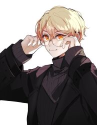 Rule 34 | 1boy, adjusting eyewear, bespectacled, black coat, blonde hair, closed mouth, coat, commentary, curly hair, glasses, gradient hair, grey sweater, hands up, highres, korean commentary, lapels, long sleeves, looking at viewer, male focus, multicolored hair, notched lapels, open clothes, open coat, orange eyes, orange hair, ppob (ahrakfmrhwhffla), project sekai, round eyewear, simple background, sweater, tenma tsukasa, turtleneck, turtleneck sweater, upper body, white background