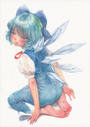 Rule 34 | 1girl, barefoot, blue bow, blue dress, blue hair, bow, cirno, closed eyes, commentary request, dress, feet, from behind, full body, hair bow, ice, ice wings, misawa hiroshi, neck ribbon, painting (medium), pastel colors, puffy short sleeves, puffy sleeves, red ribbon, ribbon, seiza, short hair, short sleeves, sitting, solo, teeth, texture, touhou, traditional media, watercolor (medium), white background, wings