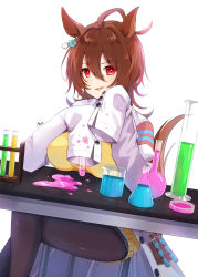 Rule 34 | 1girl, agnes tachyon (umamusume), ahoge, alternate breast size, ark rex, beaker, breasts, brown hair, coat, commentary request, earrings, highres, horse girl, jewelry, lab coat, large breasts, crossed legs, pantyhose, petri dish, red eyes, short hair, single earring, sleeves past wrists, smile, solo, spill, sweater, table, test tube, test tube rack, umamusume, white background, white coat, yellow sweater