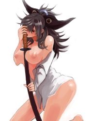 Rule 34 | 1girl, breasts, doudanuki masa, highres, large breasts, licking, licking weapon, long hair, looking down, naked shirt, off shoulder, red eyes, shinken!!, shirt, simple background, solo, sword, weapon, white background