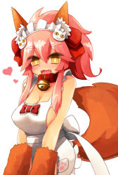 Rule 34 | 1girl, @ @, animal ear fluff, animal ears, animal hands, apron, bell, blush, breasts, cat hair ornament, cat paws, cleavage, collar, fangs, fate/grand order, fate (series), fox ears, fox tail, gloves, hair ornament, hair ribbon, heart, jingle bell, large breasts, long hair, looking at viewer, maid headdress, naked apron, neck bell, open mouth, paw gloves, pink hair, ponytail, red ribbon, ribbon, simple background, solo, sorrau, tail, tamamo (fate), tamamo cat (fate), tamamo cat (third ascension) (fate), white background, yellow eyes