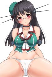 Rule 34 | 10s, 1girl, black hair, blush, breasts, choker, choukai (kancolle), cleavage, frown, hair ornament, hat, head tilt, highres, kantai collection, kyokutou hentai samurai, large breasts, long hair, looking at viewer, midriff, no pants, panties, red eyes, simple background, solo, underwear, white panties