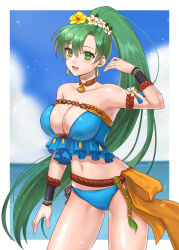 1girl bare_shoulders bikini blue_bikini breasts brown_choker choker cleavage earrings fire_emblem fire_emblem:_the_blazing_blade fire_emblem_heroes frilled_bikini frills green_eyes hazuki_(nyorosuke) highres jewelry large_breasts leather_choker long_hair looking_at_viewer lyn_(fire_emblem) lyn_(lady_of_the_beach)_(fire_emblem) nintendo open_mouth smile solo swimsuit very_long_hair