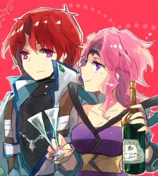 Rule 34 | 1boy, 1girl, alcohol, axel almer, bare shoulders, bottle, cup, drink, drinking glass, lemon browning, nunuko (mu661129), pink hair, red hair, smile, super robot wars, super robot wars advance, super robot wars advance portable, super robot wars og the inspector, super robot wars original generation, super robot wars original generation 2, wine, wine bottle, wine glass