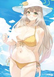 Rule 34 | 1girl, bikini, bikini pull, blue archive, blush, breasts, breasts out, clothes pull, green eyes, grey hair, grin, halo, halterneck, hat, heart, heart-shaped pupils, lactation, large breasts, looking at viewer, mm (yoromu), navel, nonomi (blue archive), nonomi (swimsuit) (blue archive), side-tie bikini bottom, skindentation, smile, solo, stomach, sun hat, swimsuit, symbol-shaped pupils, water, yellow bikini
