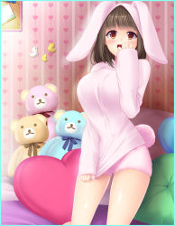 Rule 34 | 1girl, :d, animal ears, animal hood, artist request, blunt bangs, brown eyes, brown hair, character request, clothes tug, fake animal ears, fake tail, heart, heart-shaped pillow, heart print, highres, hood, hood up, hooded sweater, indoors, long hair, long sleeves, open mouth, pillow, rabbit ears, rabbit hood, rabbit pajamas, rabbit tail, short shorts, shorts, sleeves past wrists, smile, solo, standing, stuffed animal, stuffed toy, sweater, sweater tug, tail, teddy bear, white shorts, white sweater