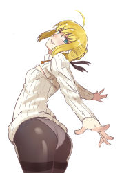 Rule 34 | 1girl, ahoge, alternate costume, aqua eyes, artoria pendragon (all), artoria pendragon (fate), ass, blonde hair, cleavage cutout, clothing cutout, club3, cowboy shot, fate/stay night, fate (series), from behind, from side, highres, looking at viewer, meme attire, open-chest sweater, outstretched arms, panties, panties under pantyhose, pantyhose, ribbed sweater, saber (fate), short hair, sidelocks, simple background, sketch, solo, spread arms, sweater, thighband pantyhose, turtleneck, underwear, white background