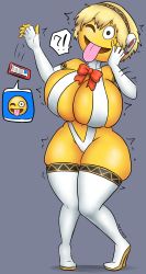 Rule 34 | !?, 1girl, ;p, absurdres, aegis (persona), bimbofication, blonde hair, blue eyes, boots, bowtie, breasts, cellphone, cleavage, colored skin, curvy, elbow gloves, emoji, emoji (race), emojification, female focus, fingerless gloves, full body, gloves, highres, impossible clothes, impossible swimsuit, knees together feet apart, large breasts, latex, no nose, one eye closed, parody, persona, persona 3, phone, pigeon-toed, red bow, red bowtie, revealing clothes, shin megami tensei, short hair, simple background, skindentation, slingshot swimsuit, smartphone, smiley face, solo, spoken interrobang, standing, swimsuit, thick thighs, thigh boots, thighs, tongue, tongue out, transformation, white footwear, white gloves, wide hips, wink, xxxx52, yellow skin