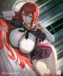 Rule 34 | 1girl, ahoge, artist name, arttoru, blue eyes, bow, bowtie, breasts, closed mouth, covered erect nipples, frills, hair between eyes, high school dxd, highres, huge breasts, lips, long hair, long sleeves, looking at viewer, lying, on side, red hair, red skirt, rias gremory, skirt, solo, watermark, web address